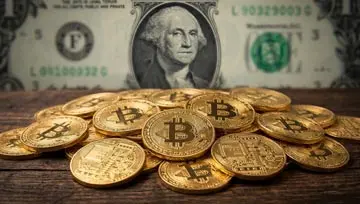 une pile de bitcoins posée sur une table, avec l'image floue de George Washington, tirée d'un billet de 1 dollar, vue de dos