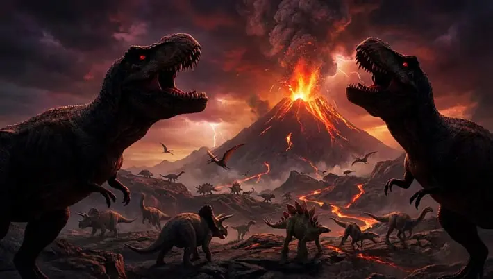 des dinosaures debout devant un volcan en éruption