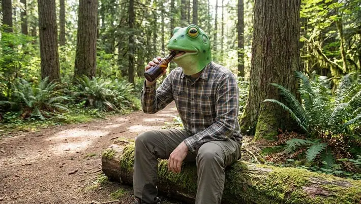 Une personne portant un masque de grenouille en train de boire une bière
